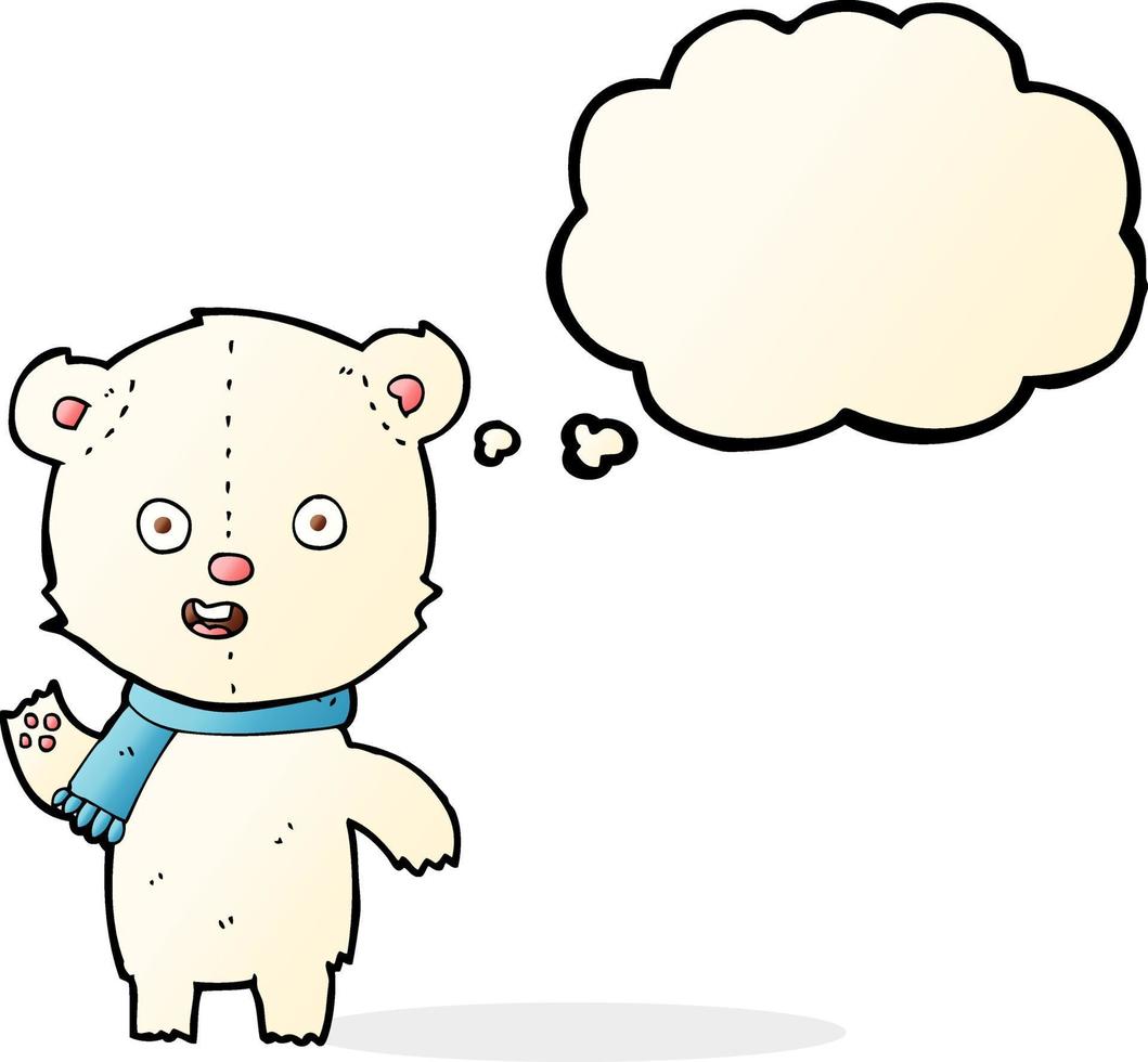 cartoon waving polar bear cub with scarf with thought bubble vector