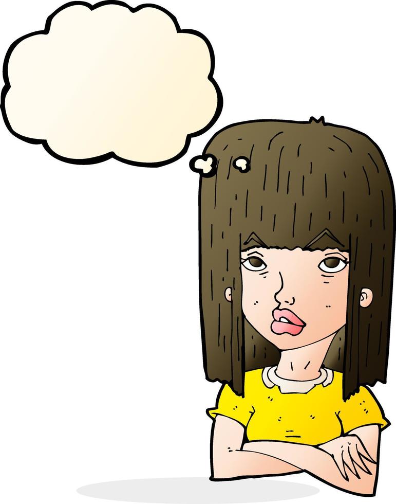 cartoon girl with folded arms with thought bubble vector