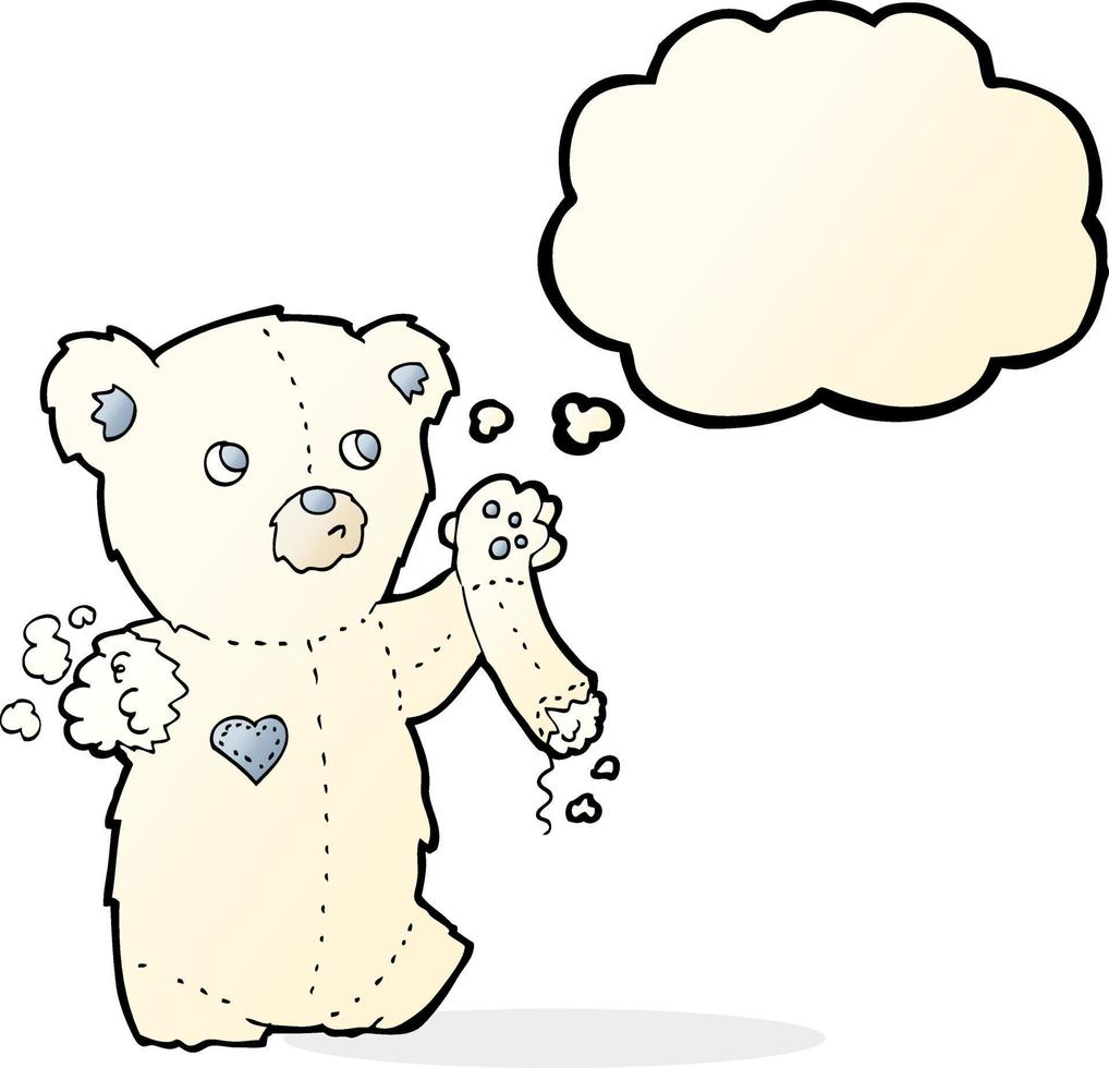 oso polar de peluche de dibujos animados con el brazo desgarrado con burbujas de pensamiento vector