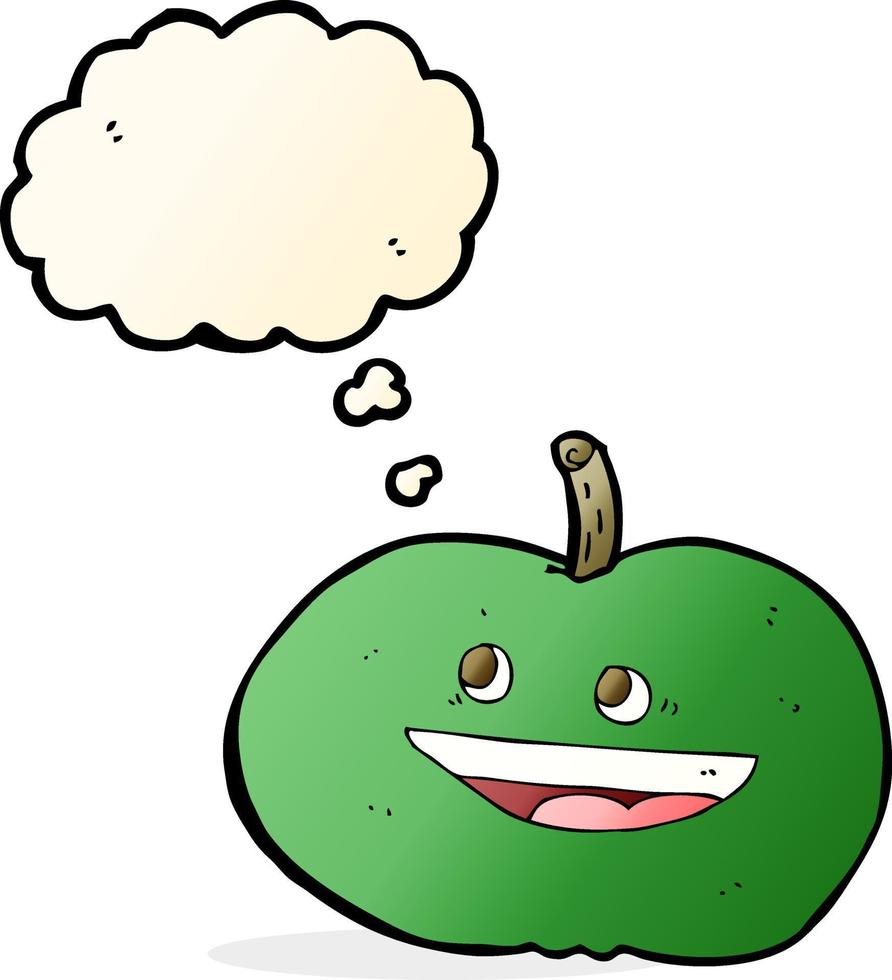 caricatura, feliz, manzana, con, burbuja del pensamiento vector