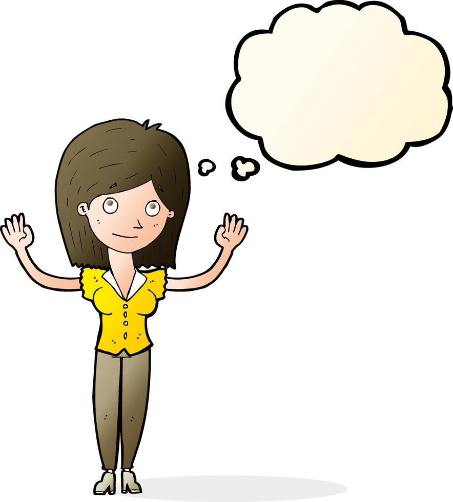 cartoon woman holding up hands with thought bubble vector