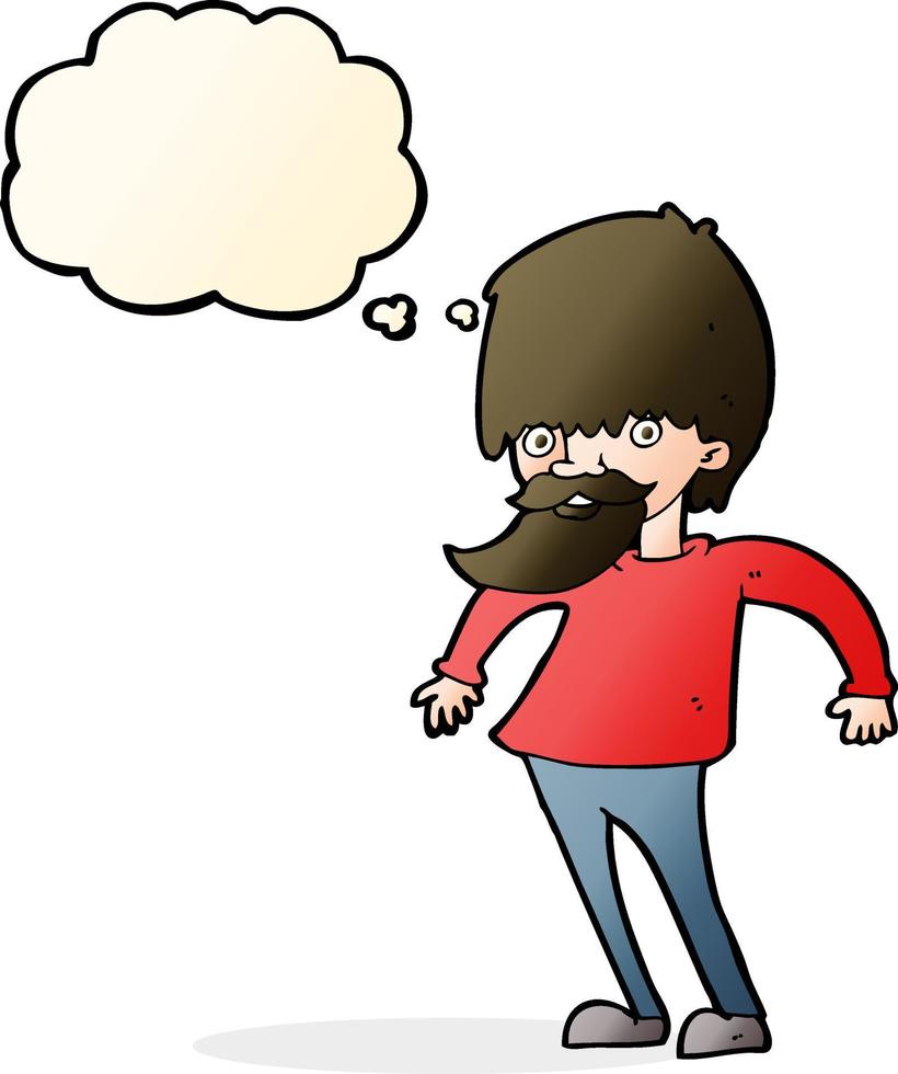 cartoon bearded man shrugging shoulders with thought bubble vector