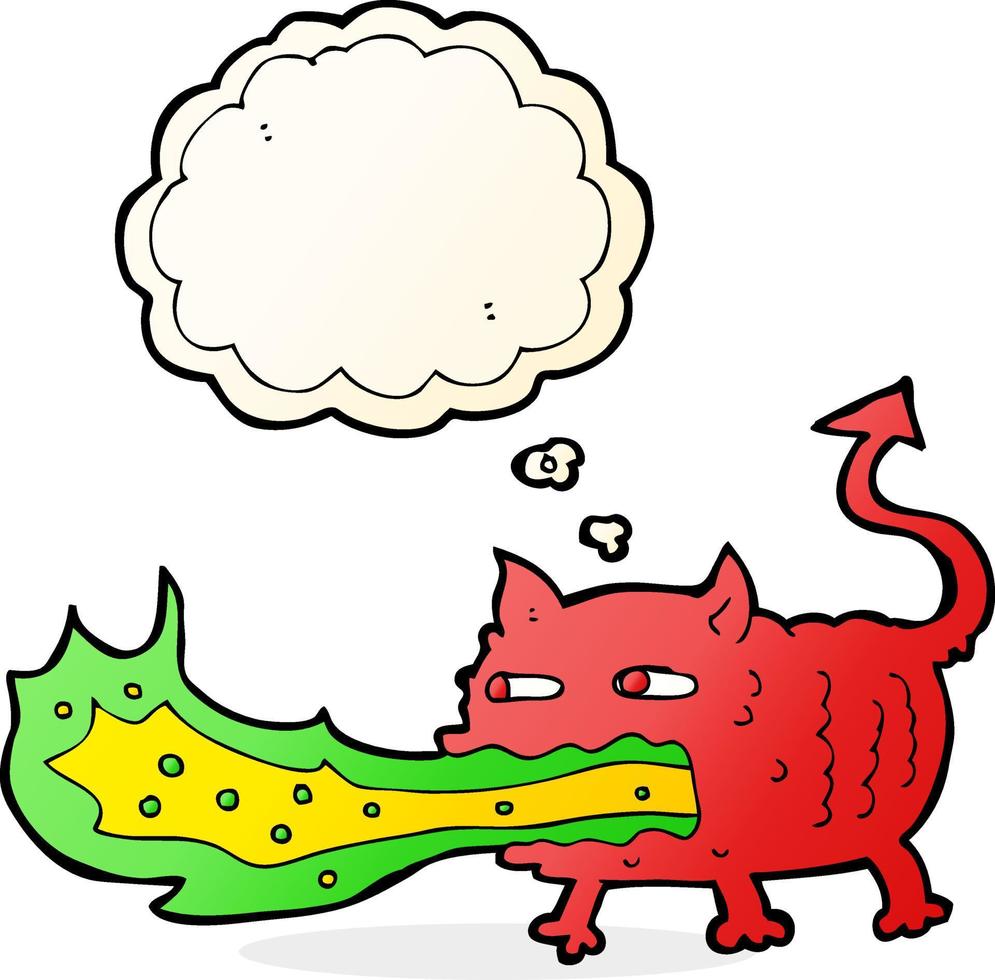 cartoon fire breathing imp with thought bubble vector