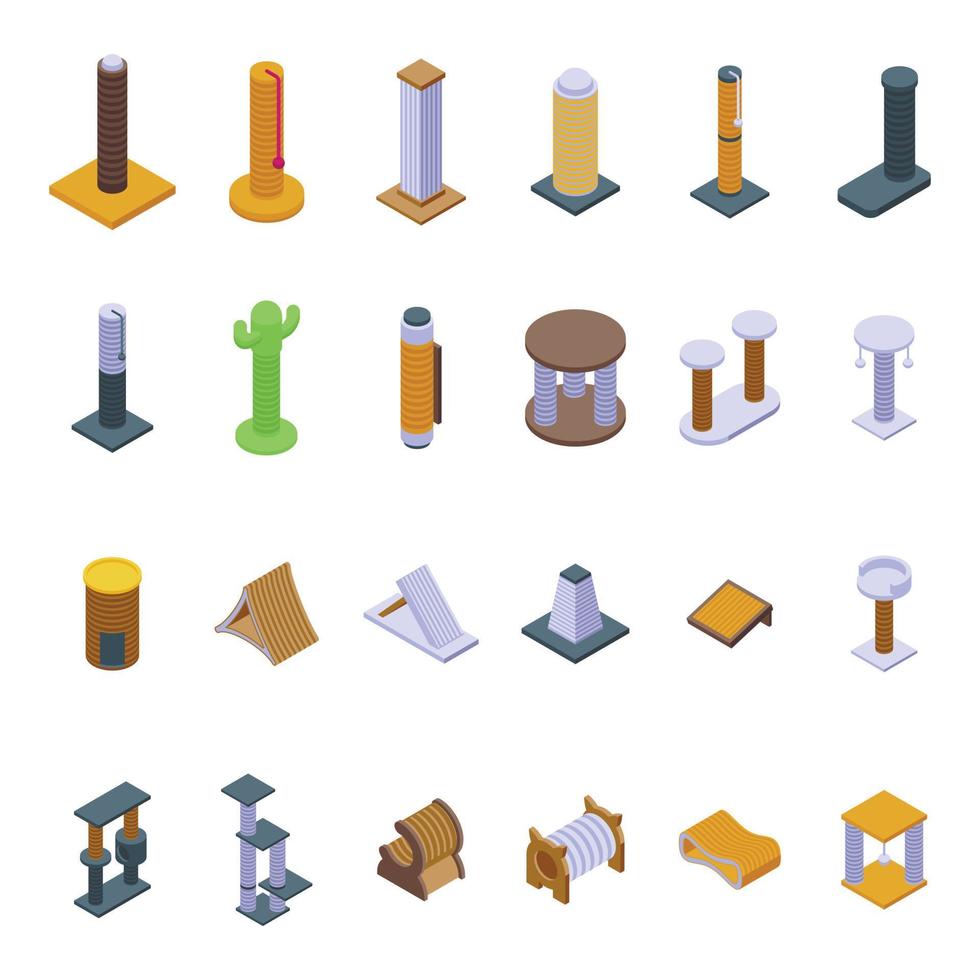 Cats scratching post icons set isometric vector. Tree tower vector