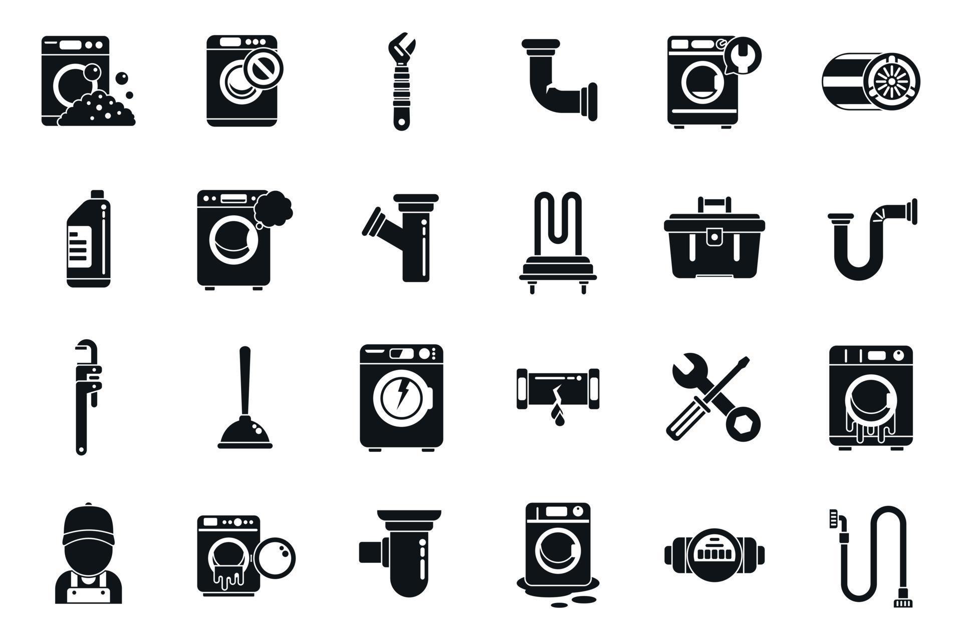 Washing machine repair icons set simple vector. Broken appliance