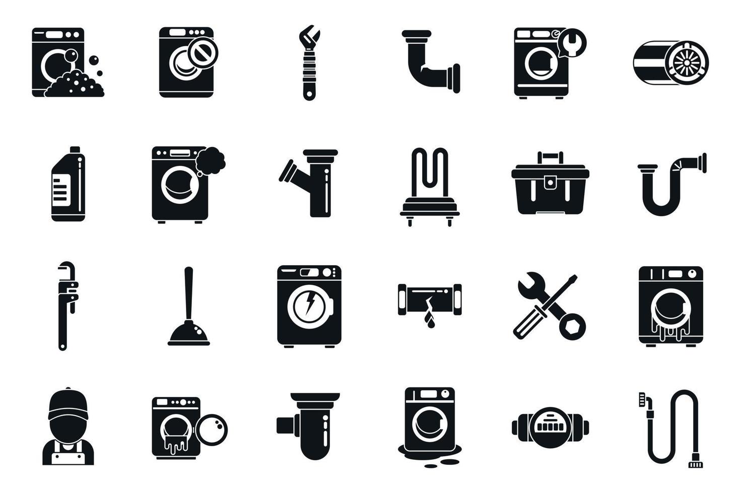 Washing machine repair icons set simple vector. Broken appliance vector