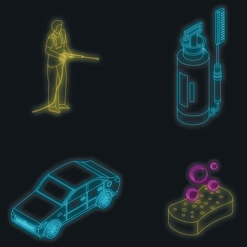 lavado de autos, iconos, conjunto, vector, neón vector