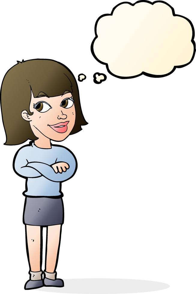 cartoon happy woman looking over with thought bubble vector