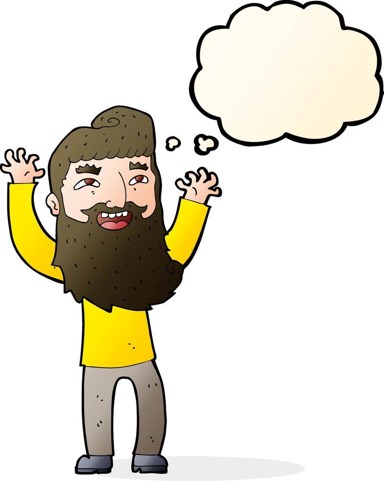 cartoon happy bearded man waving arms with thought bubble vector