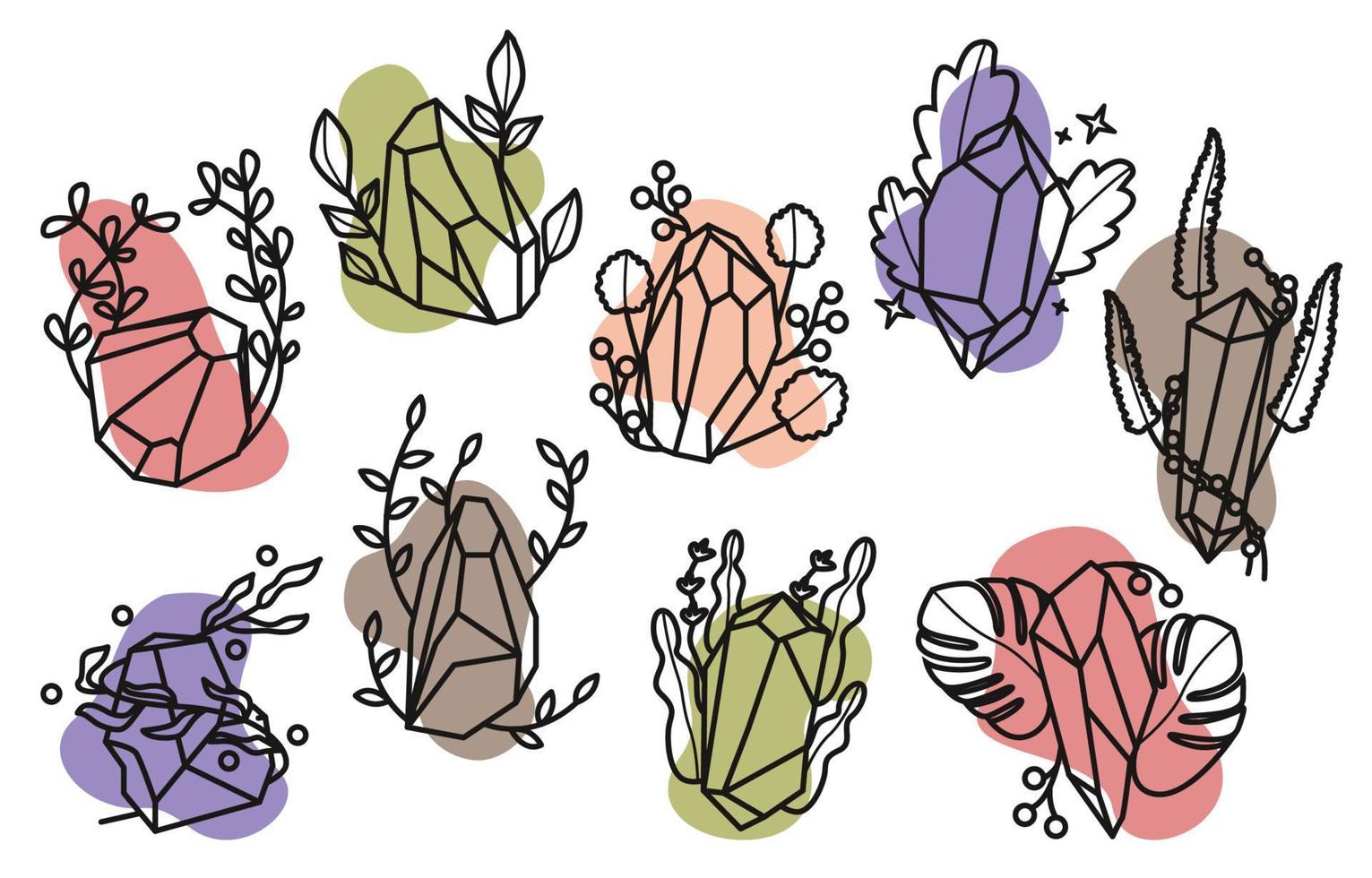 Handdrawn Aesthetic Gemstone Crystal Floral Line Art Set vector