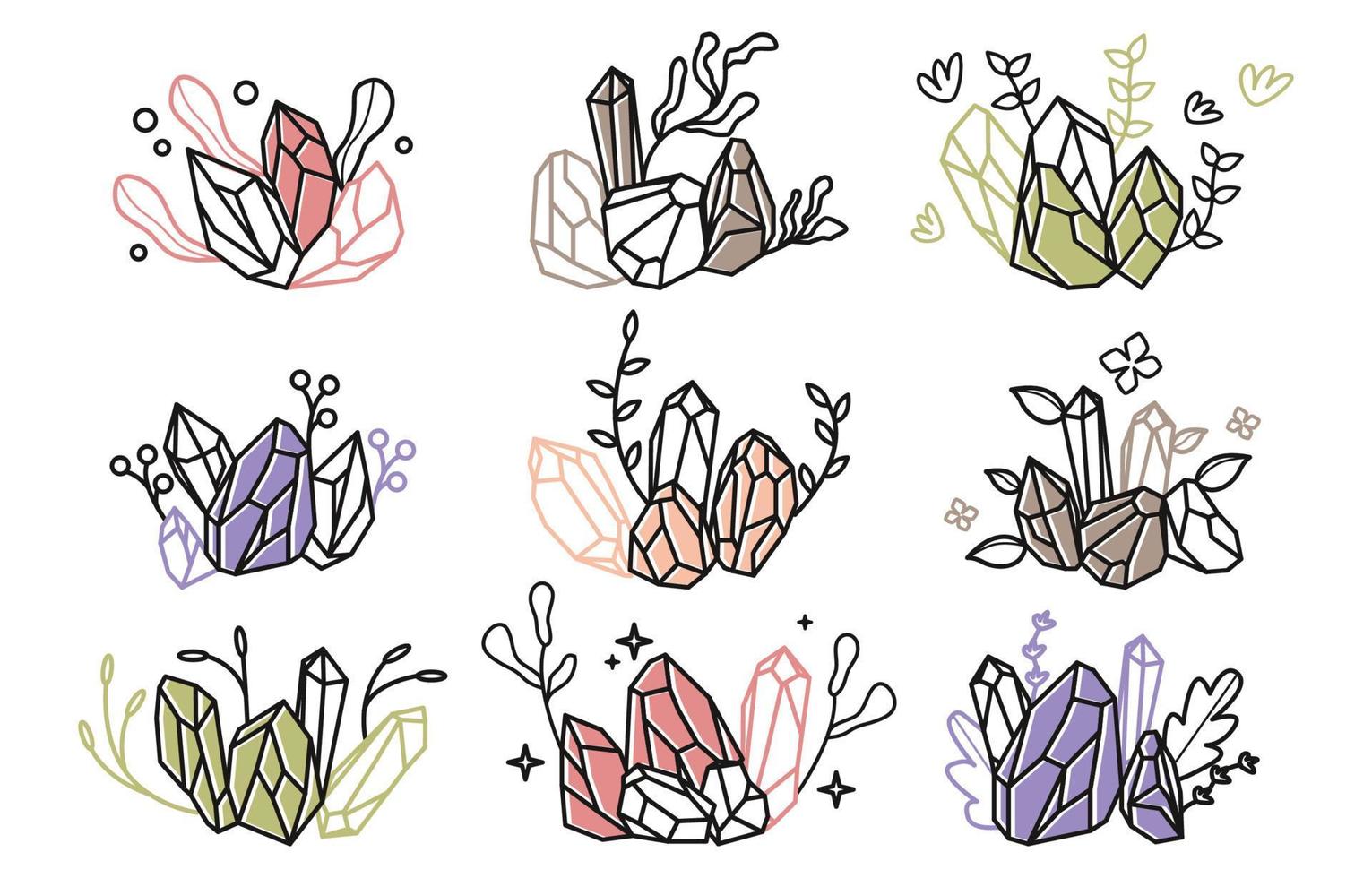 Beautiful Handdrawn Aesthetic Gemstone Crystal Floral Set vector