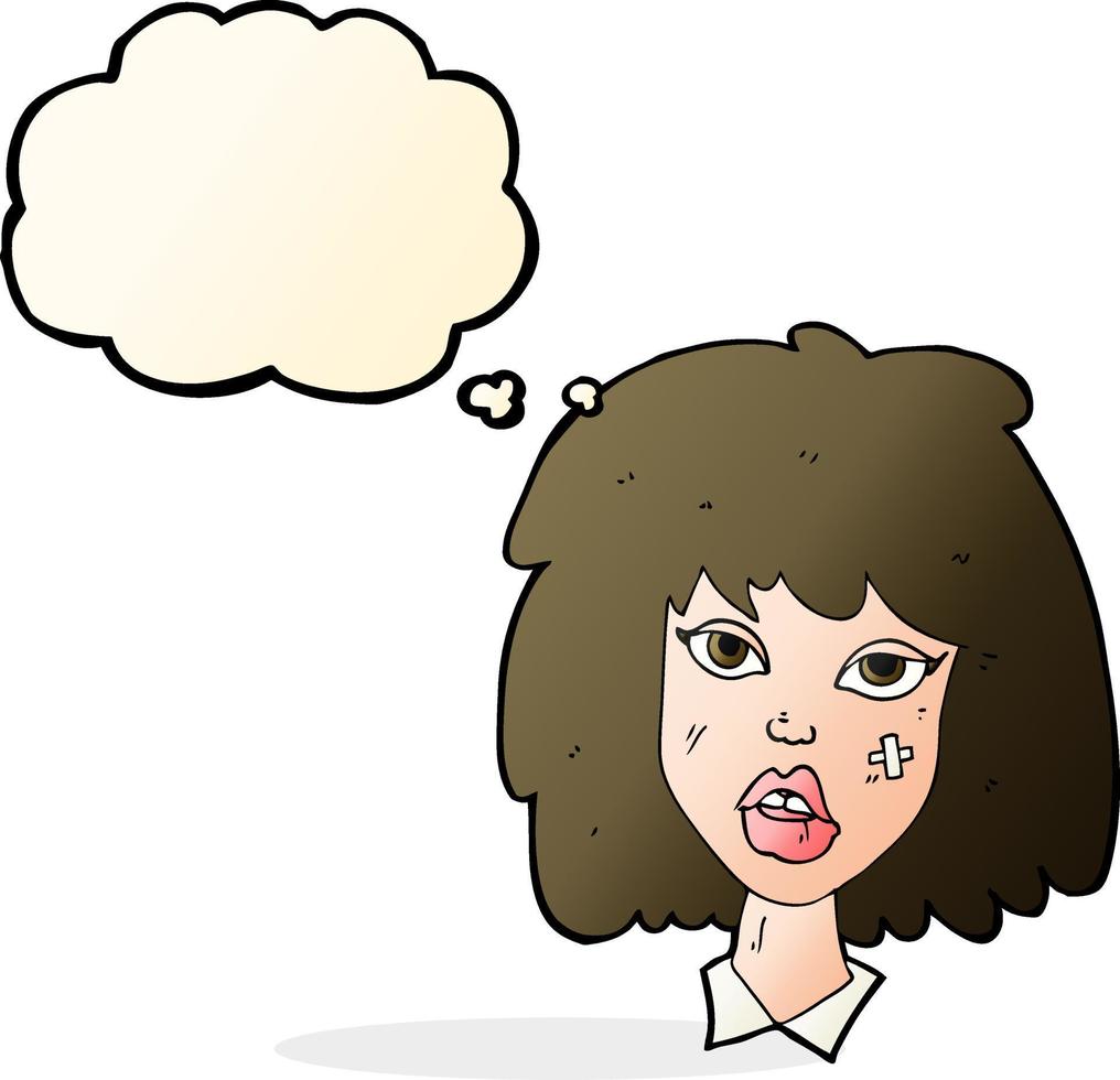 cartoon woman with bruised face with thought bubble vector