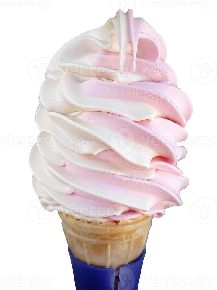 Close up a two color pink white soft cream in waffle cone on summer, isolated, cutout, transparent, object with clipping path photo