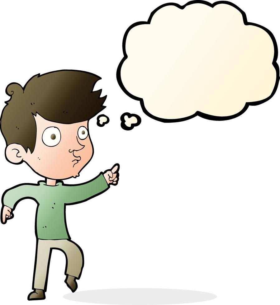cartoon pointing boy with thought bubble vector