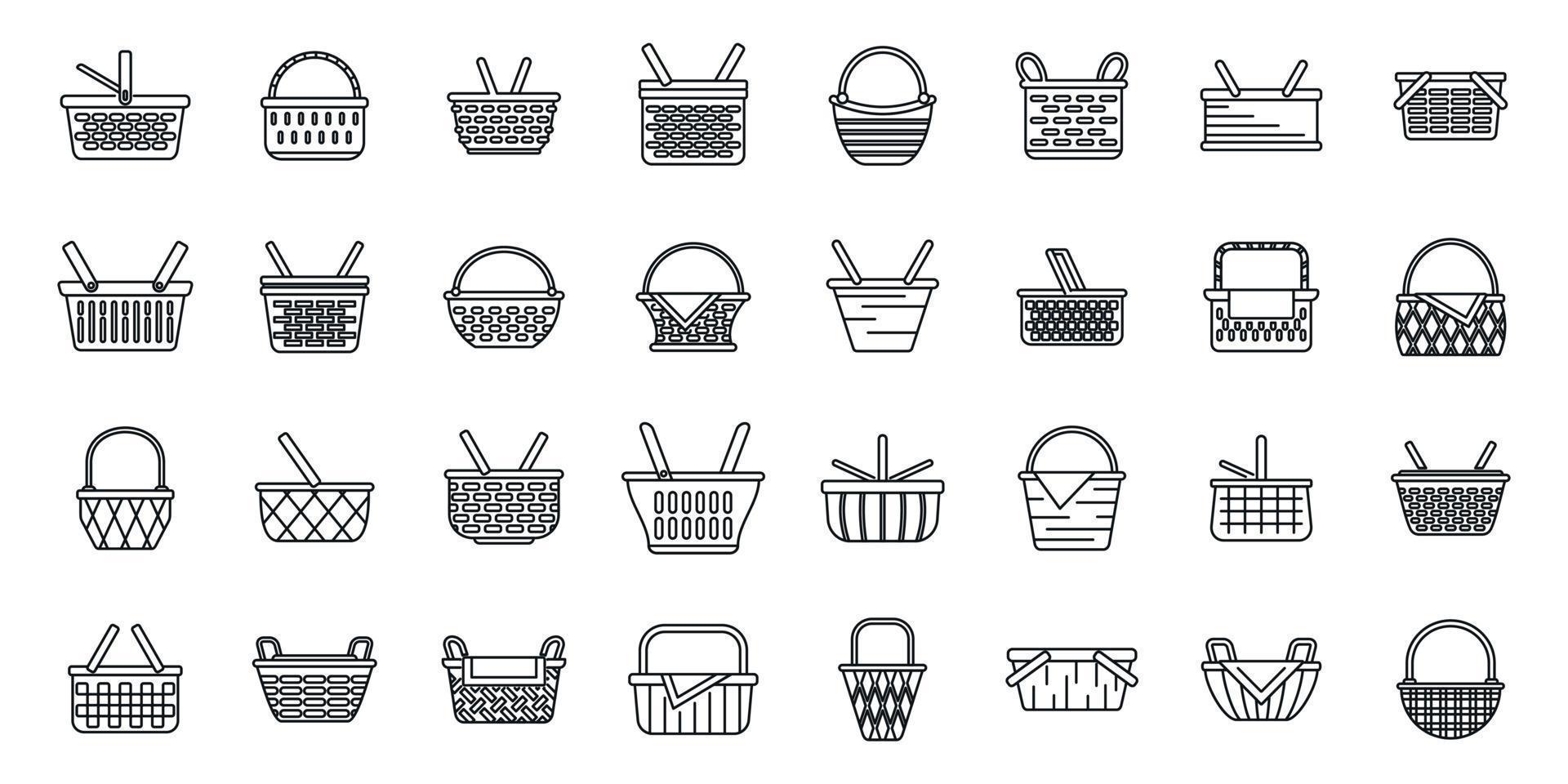 Picnic basket icons set outline vector. Fruit hamper vector
