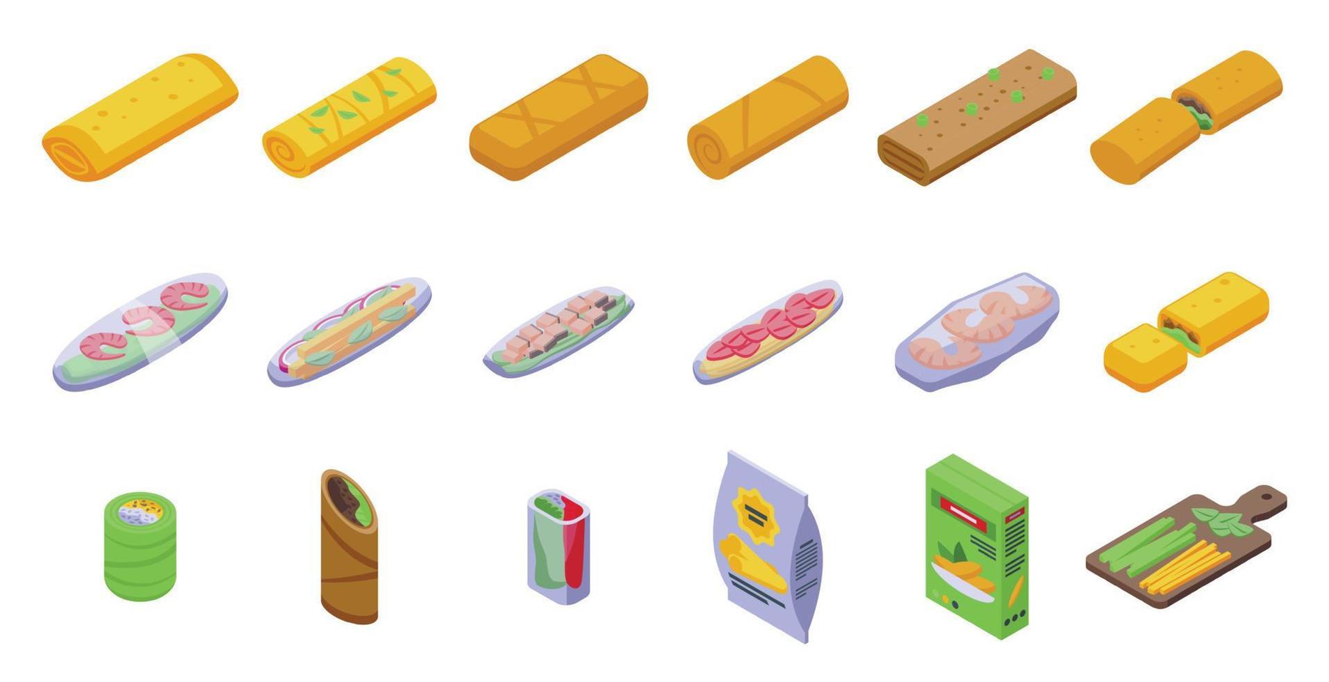 Spring roll icons set isometric vector. Food vietnamese vector