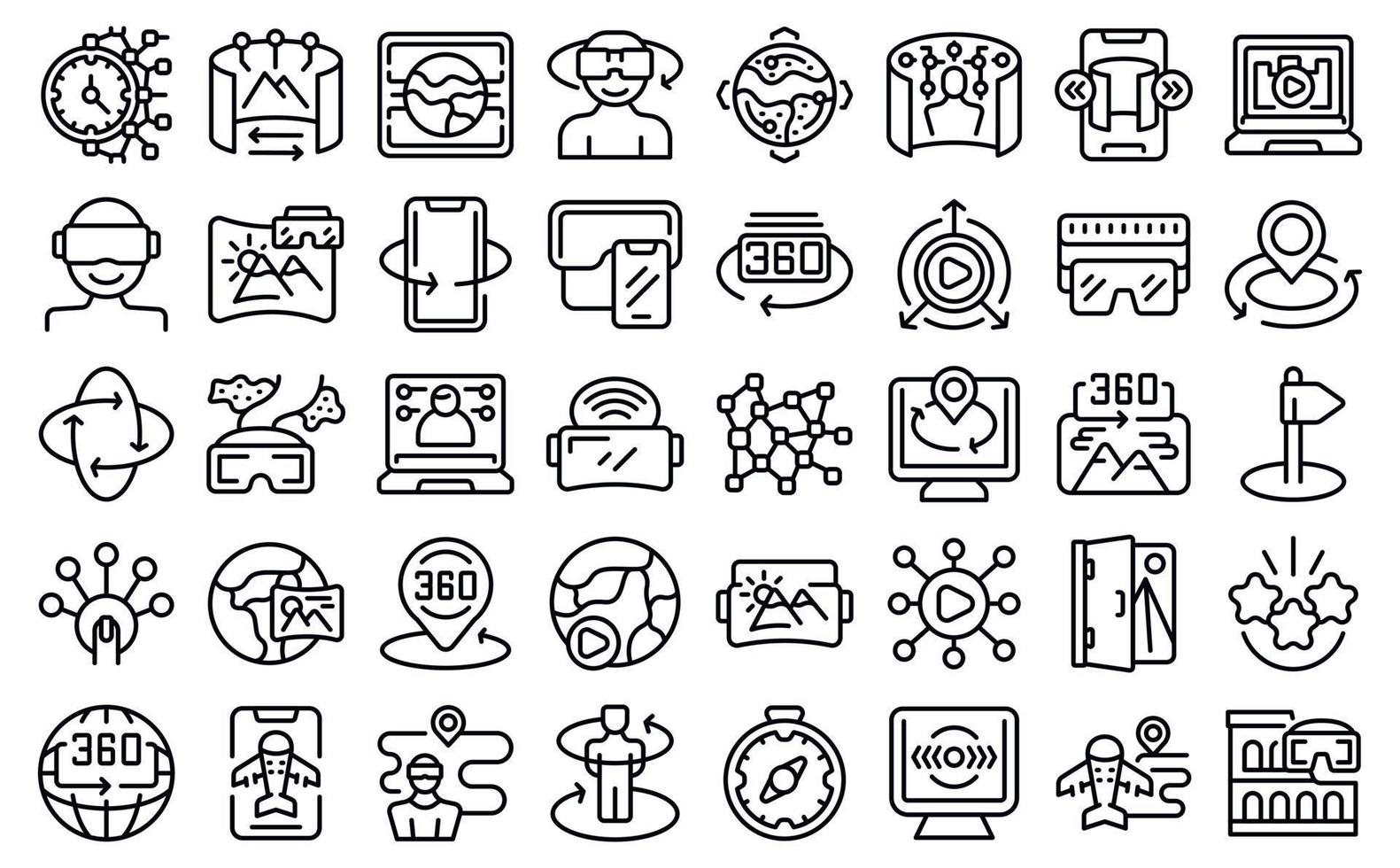 iconos de viaje virtual establecer vector de contorno. Campamento de aventuras