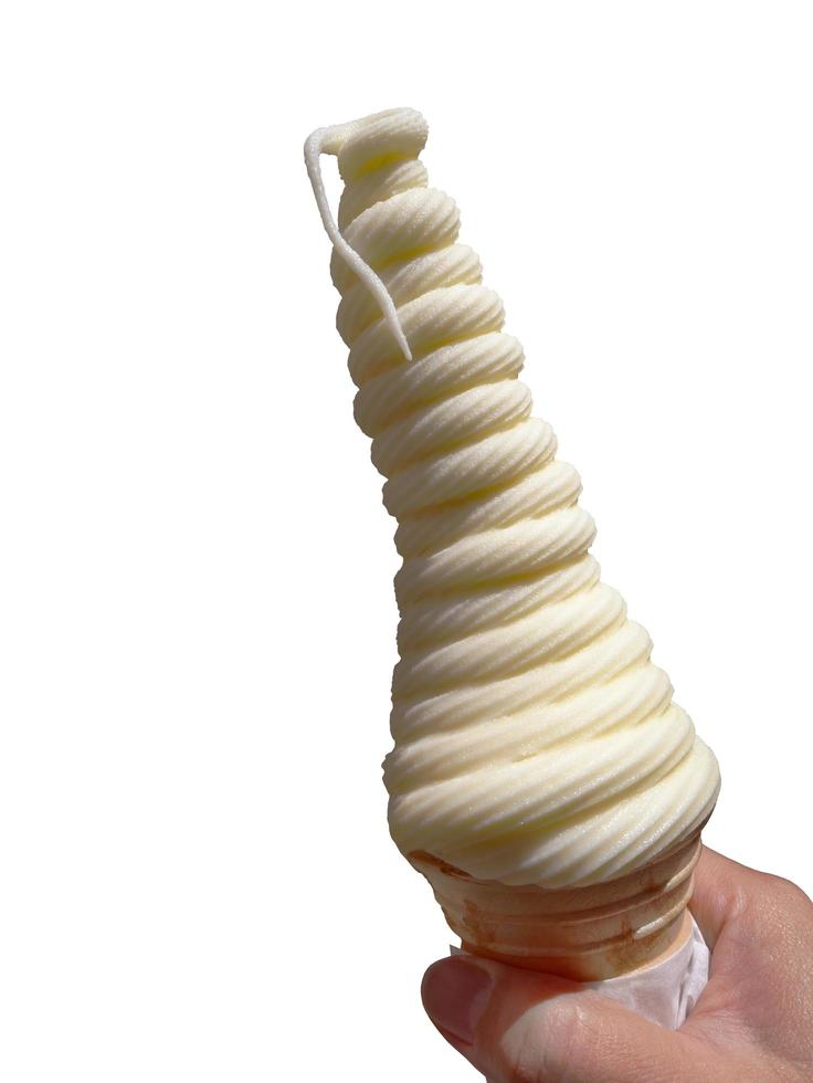 Cutout of a right hand holding tall twist shape soft cream in waffle cone, isolated, object, transparent, copy space with clipping path photo
