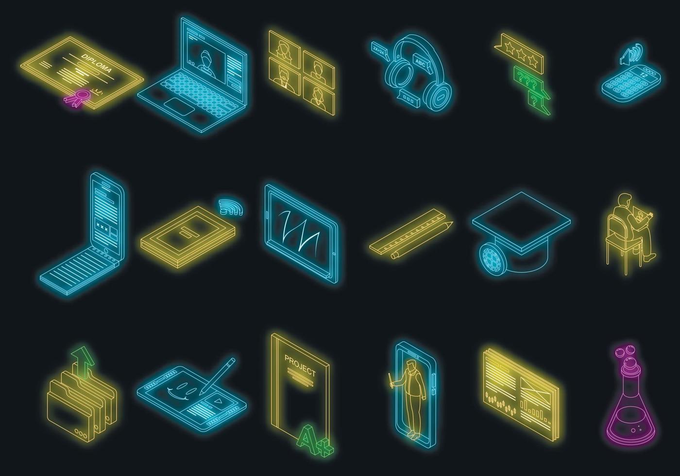 Online training icons set vector neon