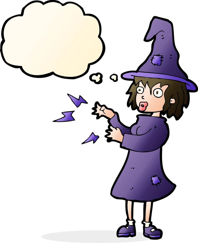 cartoon witch casting spell with thought bubble vector