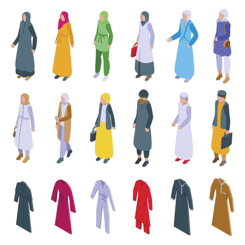 los iconos de la moda musulmana establecen un vector isométrico. casual árabe