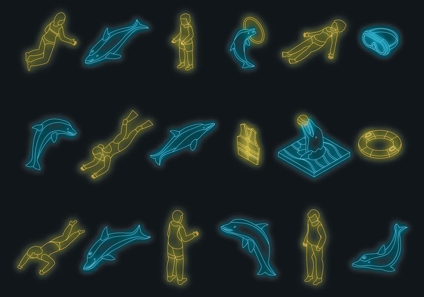 Swim with dolphins icons set vector neon