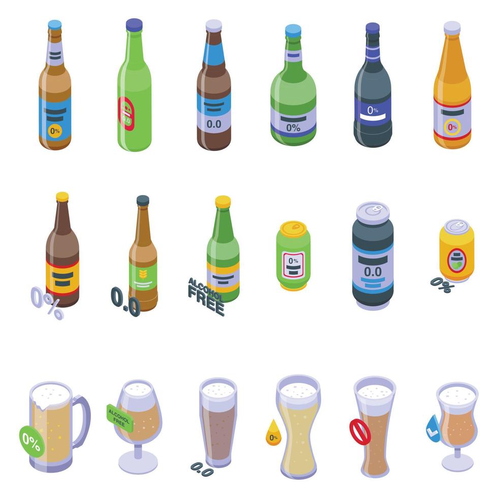 iconos de cerveza sin alcohol establecen vector isométrico. botella de lata