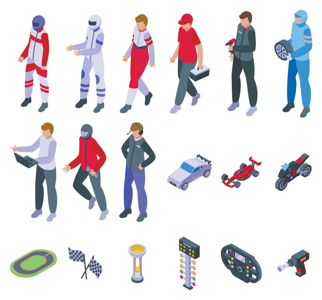 Racing team icons set isometric vector. Stop car vector