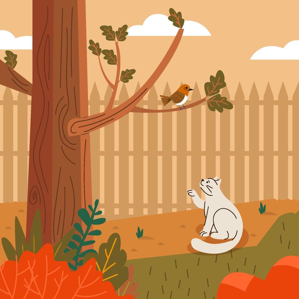 Pet Cat Playing With Bird Concept vector