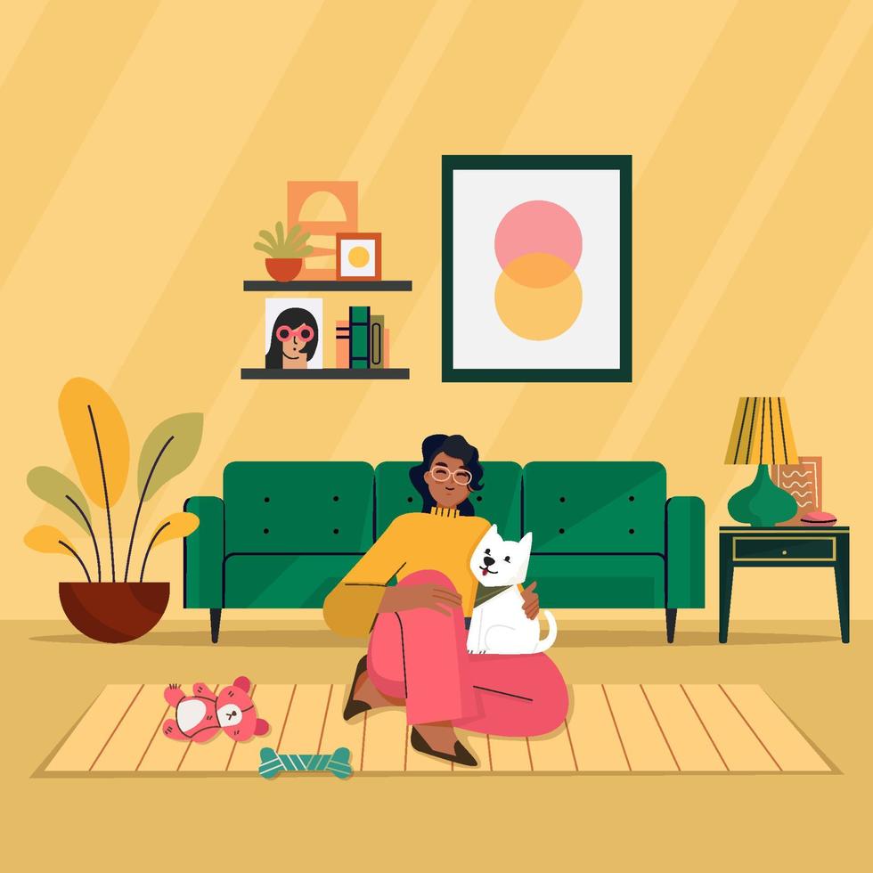 Girl Play With Her Dog In Living Room Concept vector