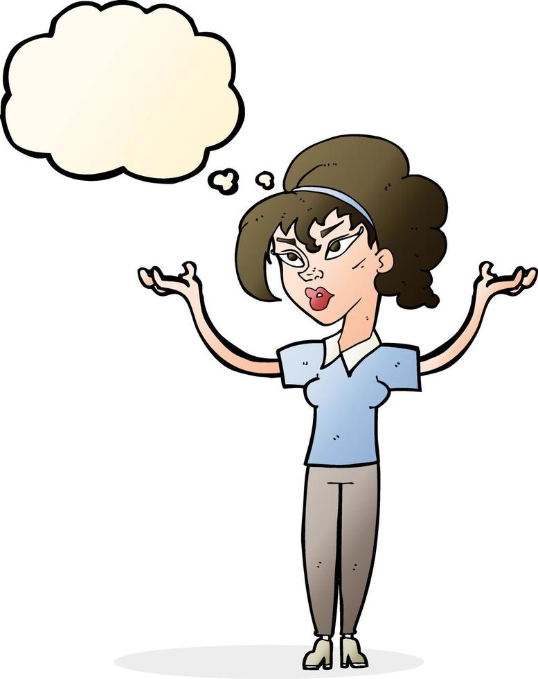 cartoon woman raising hands in air with thought bubble vector