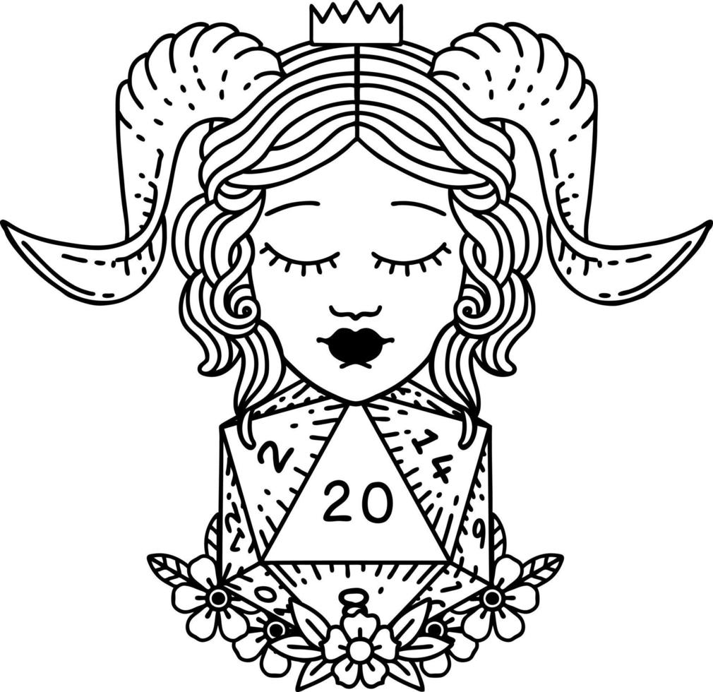 tiefling with natural twenty d20 dice roll illustration vector