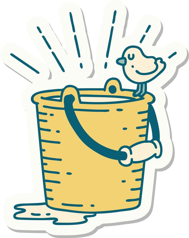 sticker of tattoo style bird perched on bucket of water vector