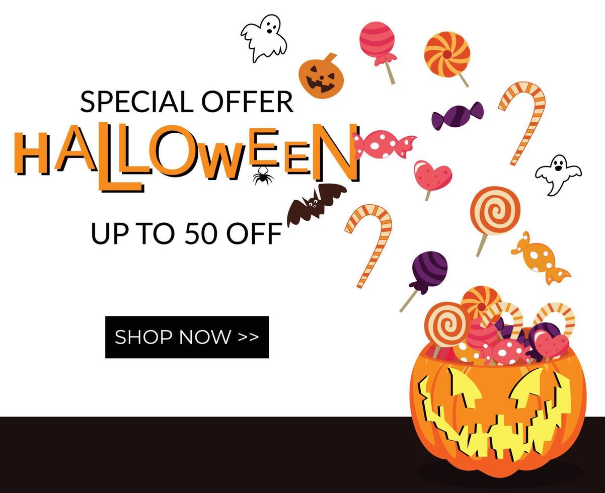 banner de promoción de oferta especial de halloween con imagen de caramelo relleno de calabaza vector