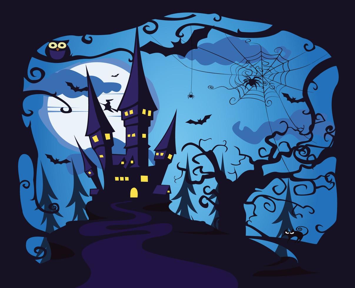 halloween background with pictures of old castle at the edge of cliff, dry tree, spider, owl, cat, witch and bat vector
