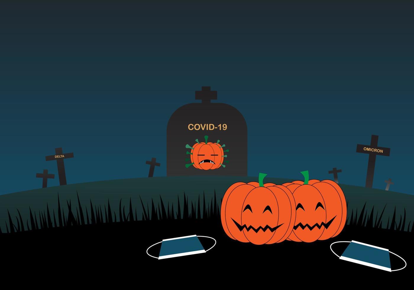 Concept of the end of covid-19 pandemic. Happy smiling pumpkin smiling and take off face mask. Happy halloween. vector