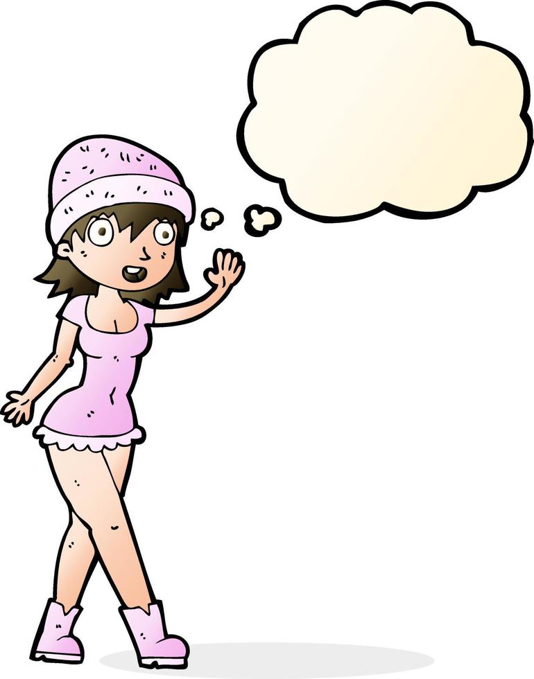 cartoon pretty girl in hat waving with thought bubble vector