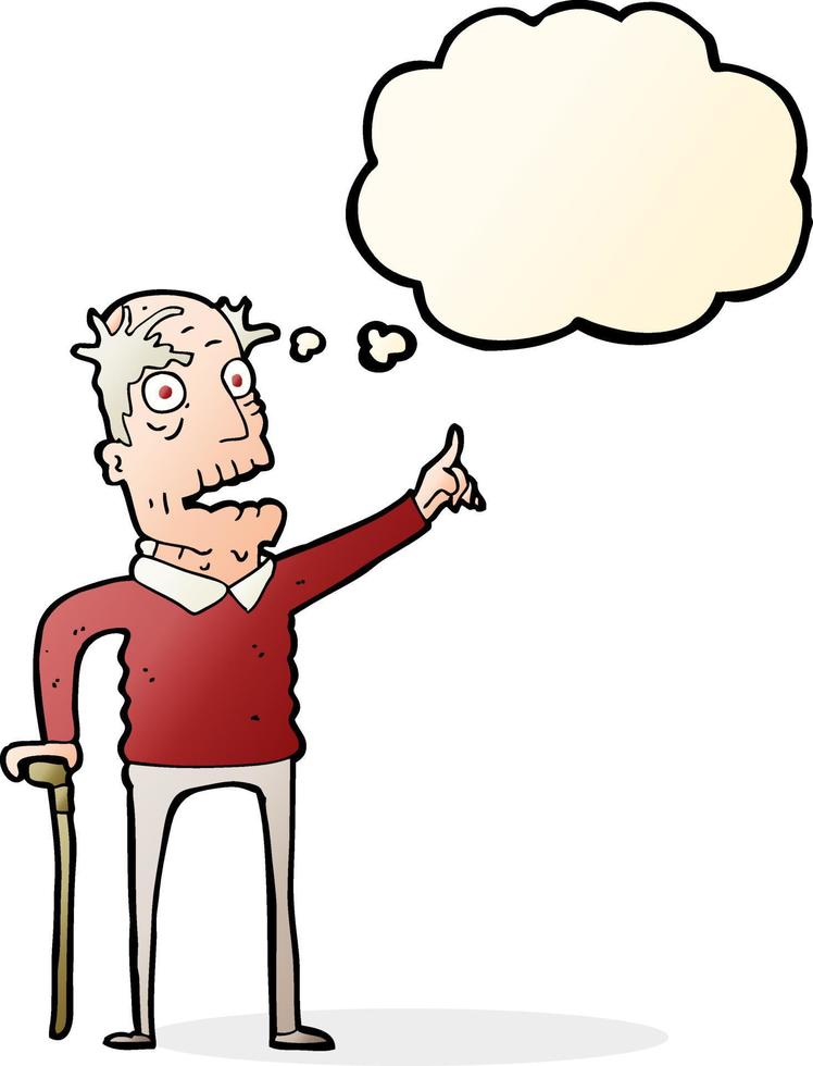 cartoon old man with walking stick with thought bubble vector