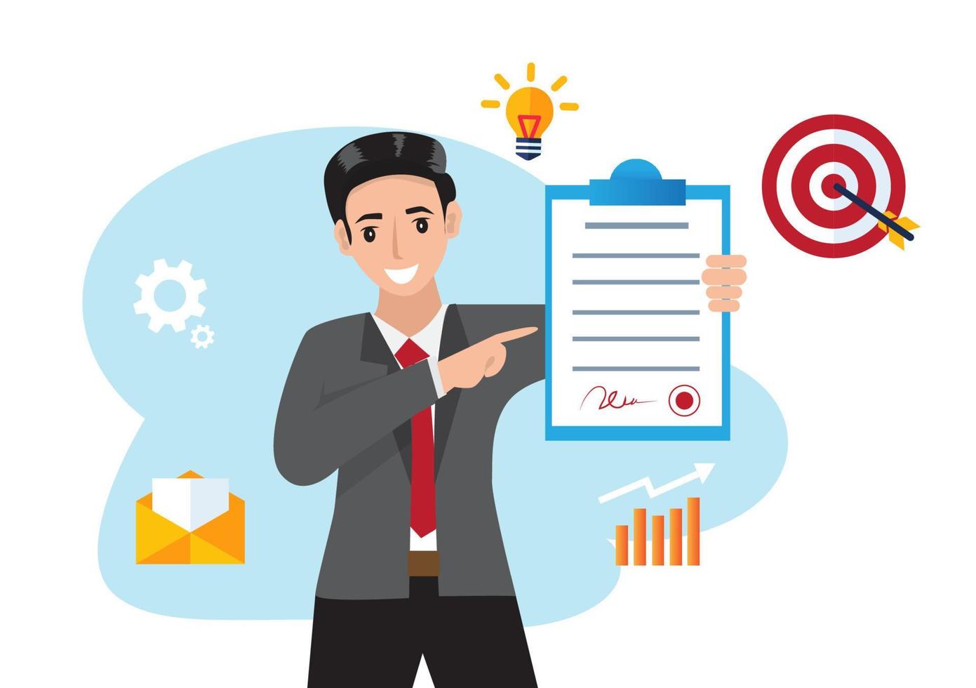 award winning concept a man holding a certificate of success as a successful businessman flat vector illustration design