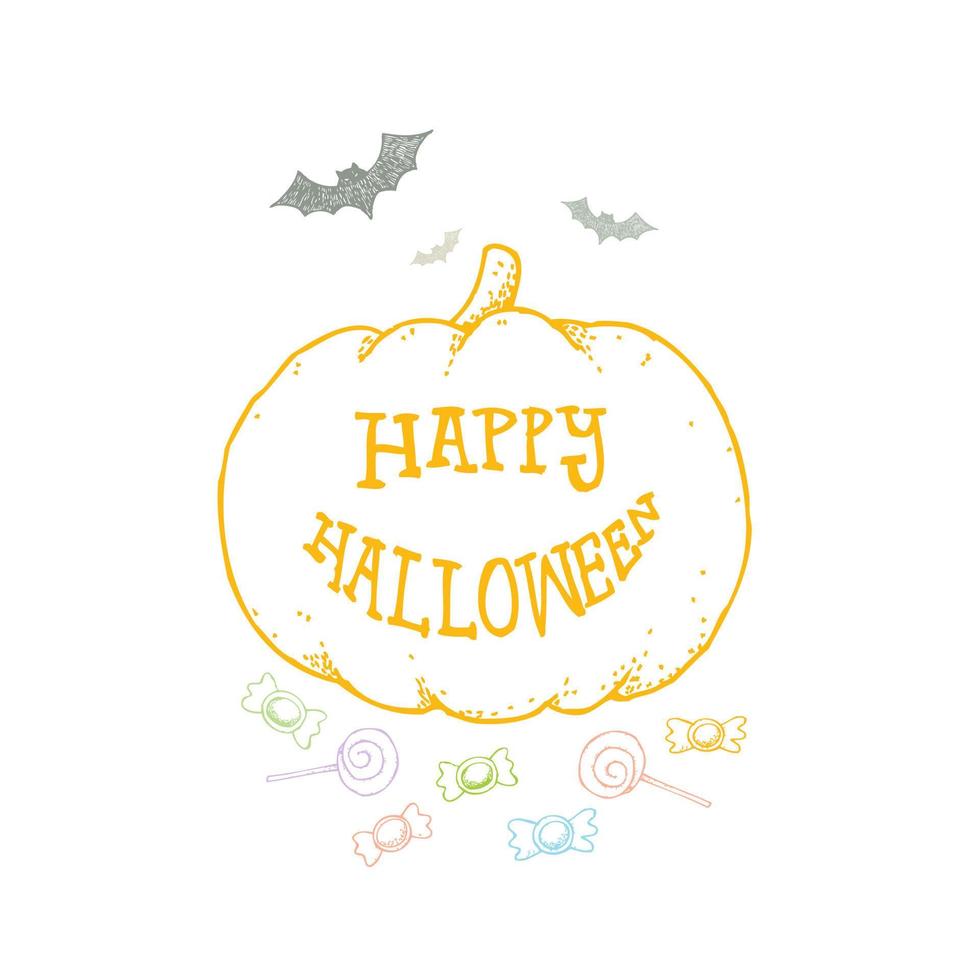 conjunto de ilustración vectorial dibujada a mano de halloween con calabaza, murciélago, caramelo, texto feliz halloween en estilo de dibujos animados vector