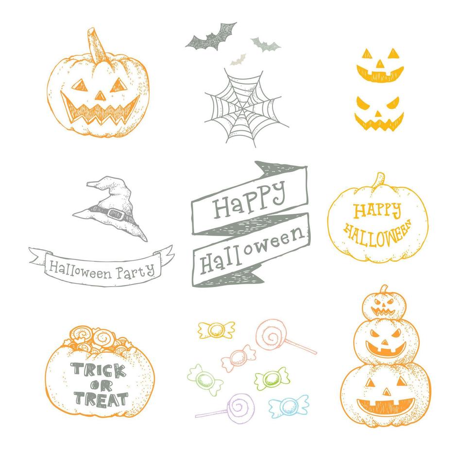 Set of Halloween hand drawn vector illustration with pumpkin, candy, hat, ribbon. Isolated on white.