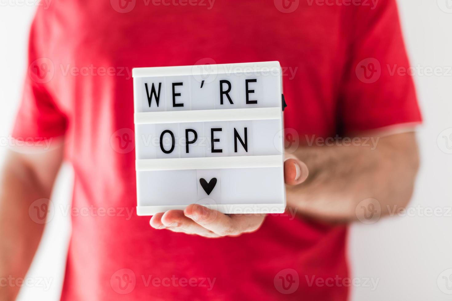 End of quarantine. Greeting message We're open photo