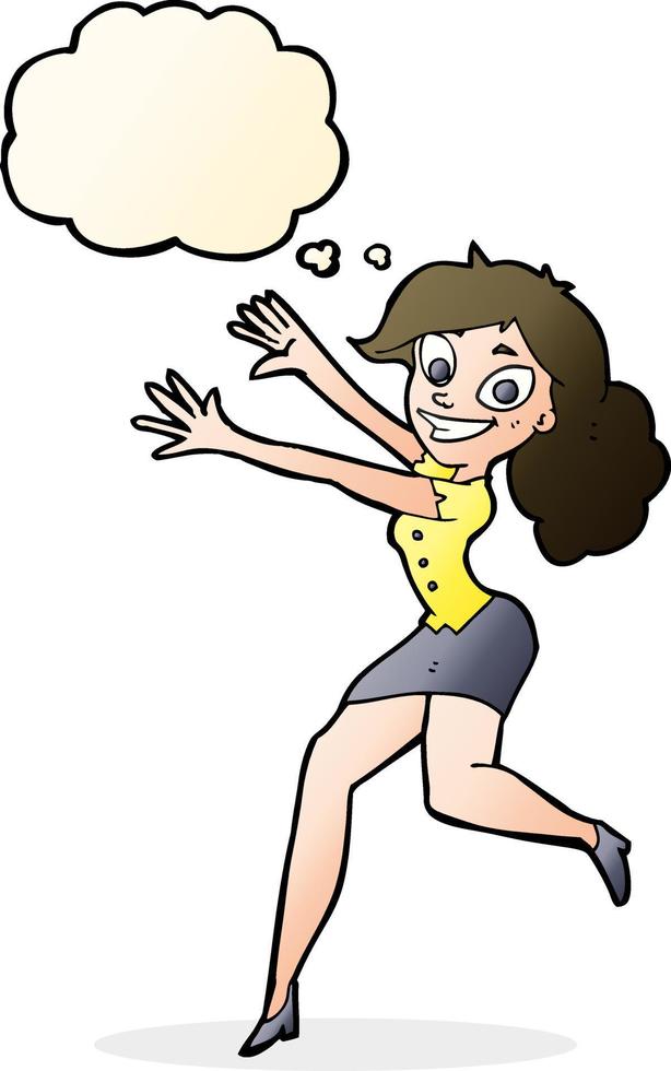caricatura, mujer feliz, saltar, con, burbuja del pensamiento vector
