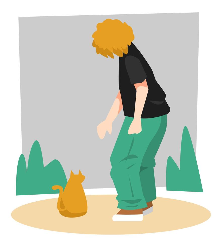 ilustración de un niño con el pelo rizado cuidando a un gato. fondo gris aislado, hierba verde. concepto de animales, mascotas, amigos, seres vivos, etc. vector plano