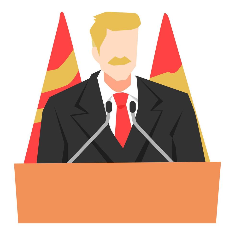 presidente, el líder está dando un discurso. fondo de bandera, micrófono. el concepto de estado, política, economía, etc. vector plano