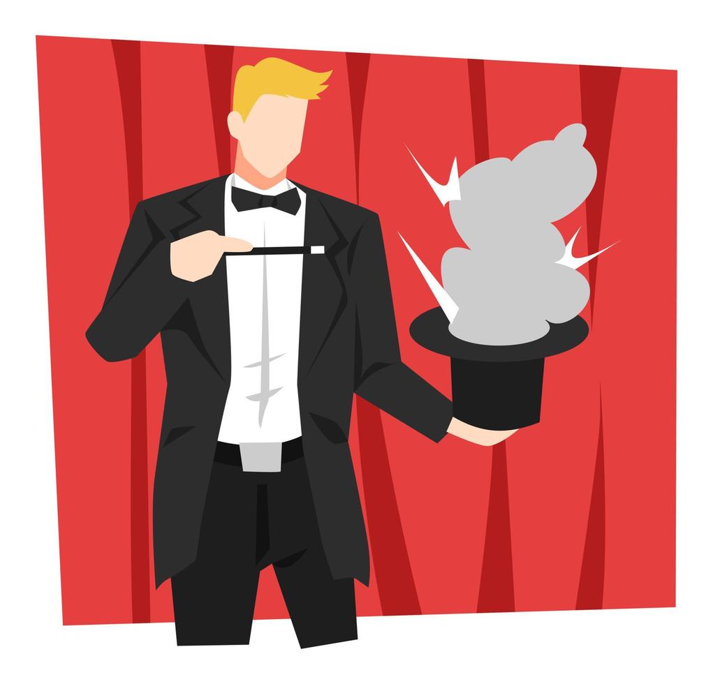 illustration of a handsome magician performing on stage. smoky magic hat. magic wand. magic concept, trick, profession, show, entertainment, vector