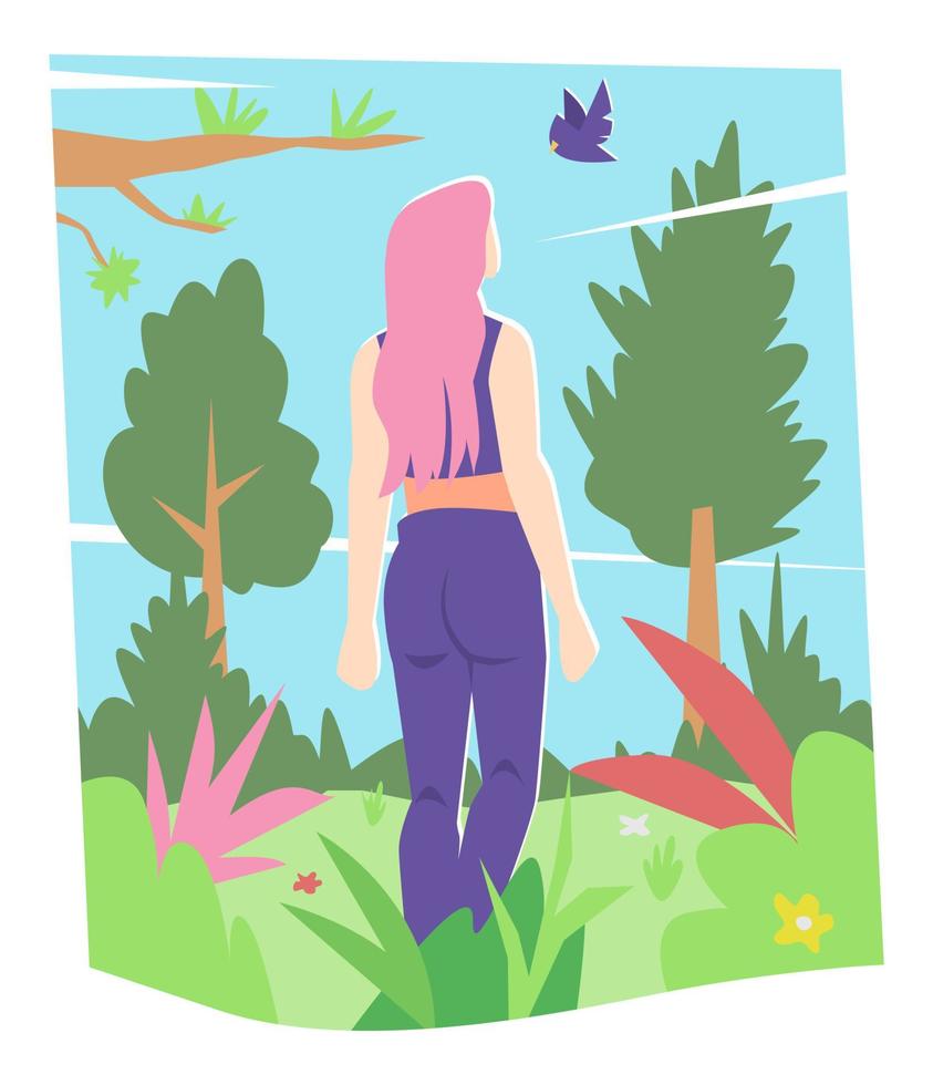 illustration of beautiful girl back view watching birds in park, nature. leaves, grass, trees, flowers. concept of plants, living things. flat vector