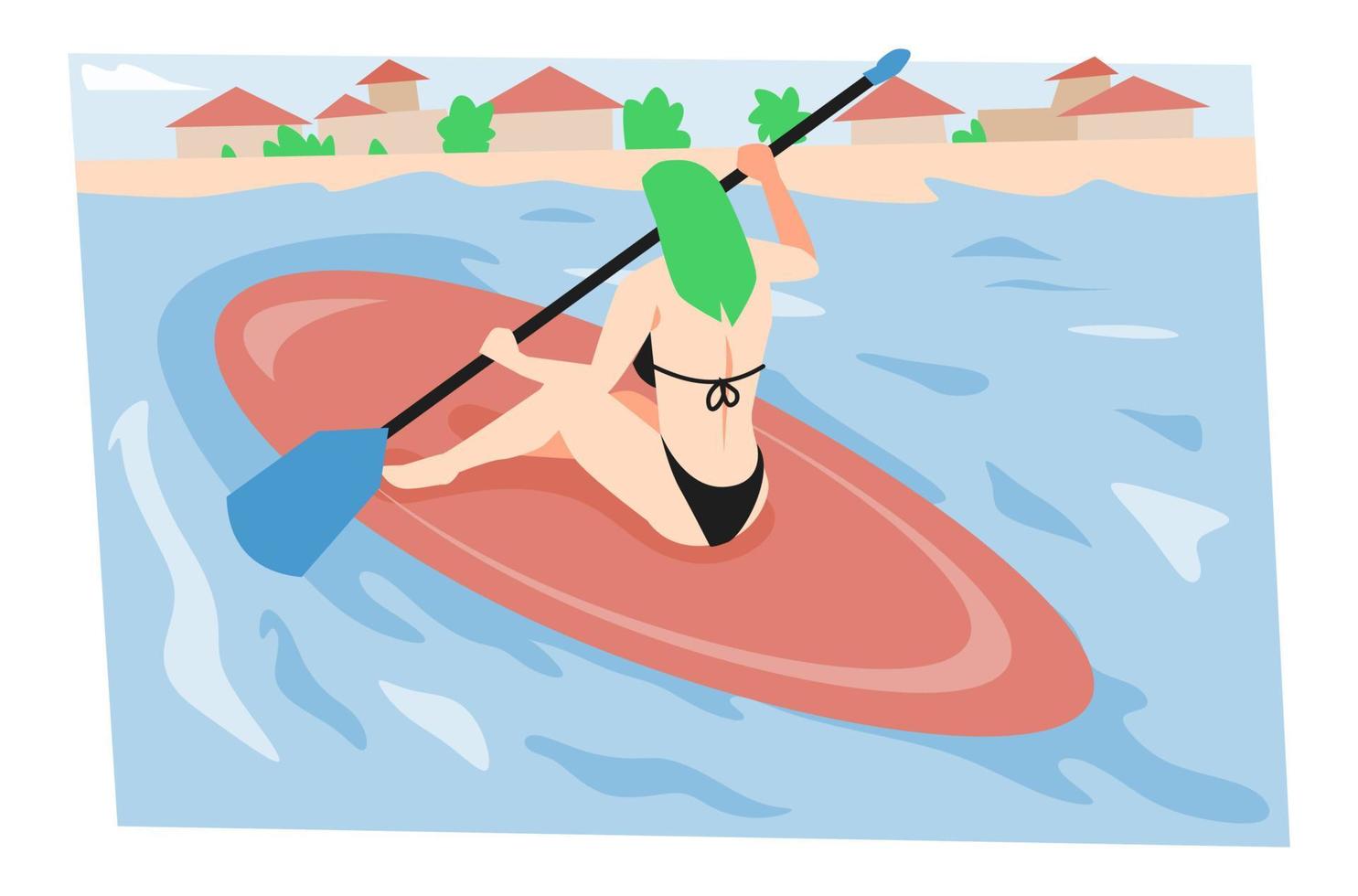 illustration of woman on a surfboard rowing. isolated background of sea, land, houses, trees. concept of sport, hobby, vacation, summer, etc. flat vector