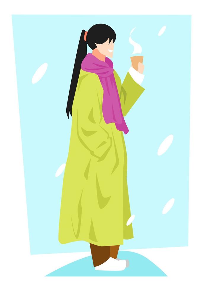 ilustración de mujer con abrigo de invierno y bufanda sosteniendo café. nieve y fondo azul. concepto de invierno, calidez, relax, vector plano