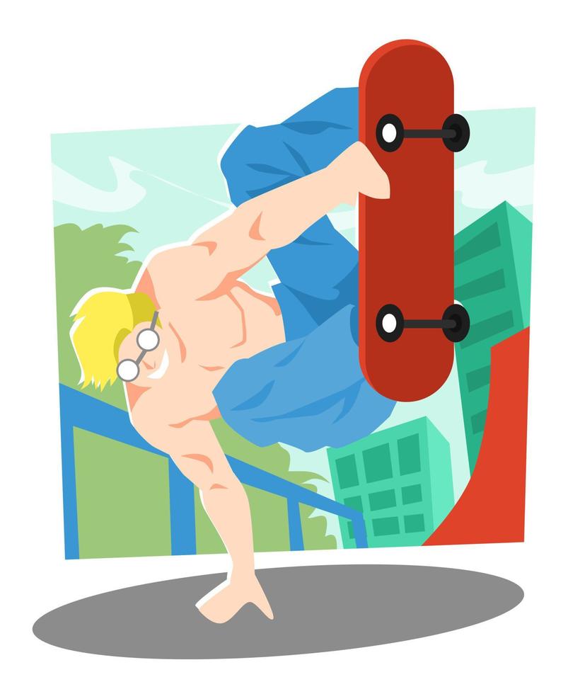 ilustración de un hombre joven y guapo haciendo trucos de skate. Parque de patinaje. fondo de árbol, riel de molienda, edificios. adecuado para el diseño de ropa, la comunidad de patinetas, pasatiempos, jóvenes, geniales. vector plano